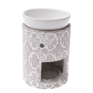 Kominek ceramiczny 9,5 x 12 x 9,5 cm (biały z beżowymi zdobieniami)