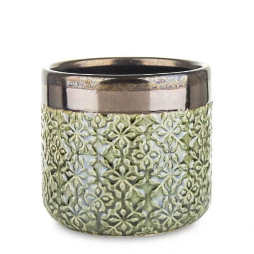 Osłonka ceramiczna 13 x 14,5 x 14,5 cm (zielona, złote zdobienia)