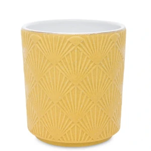 Osłonka ceramiczna 14 x 13 x 13 cm (musztardowa, motyw roślinny)