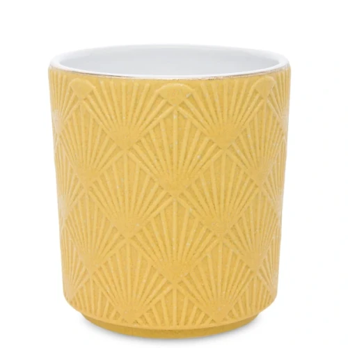 Osłonka ceramiczna 14 x 13 x 13 cm (musztardowa, motyw roślinny)