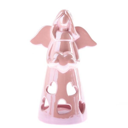 Świecznik ceramiczny anioł 10,6 x 17,5 x 7,9 cm (różowy)